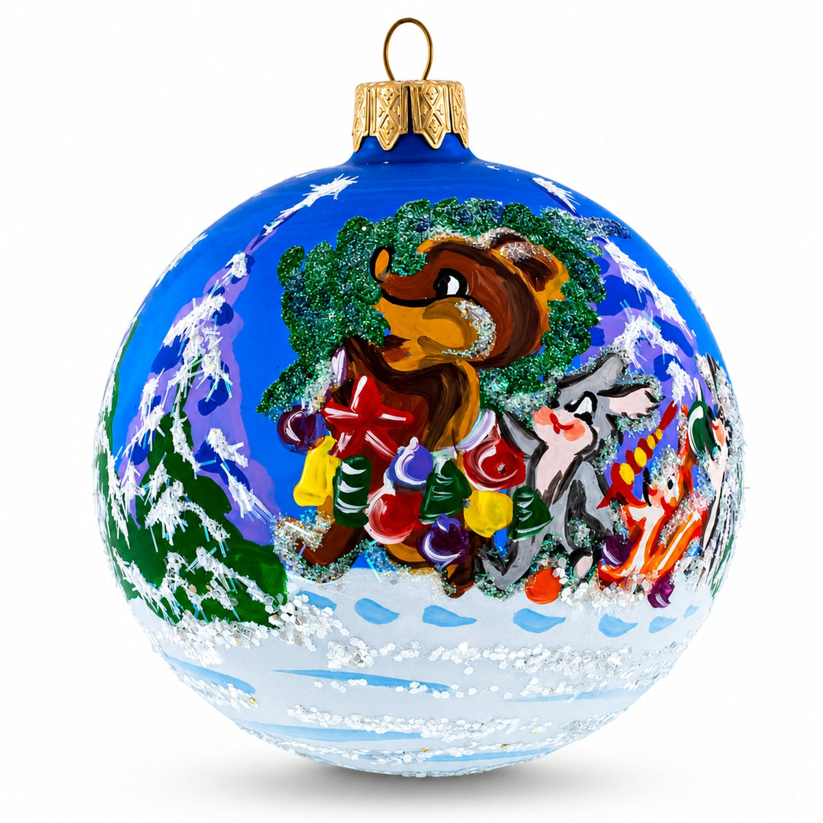 Bear with Rabbit and Fox Glass Ball Ornament 3.25 Inches