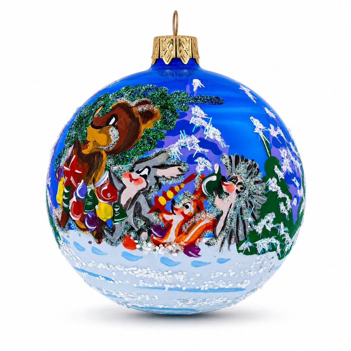 Bear with Rabbit and Fox Glass Ball Ornament 3.25 Inches