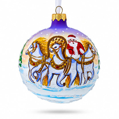 Majestic Santa in Winter Riding 3 White Horses Glass Ball Christmas Ornament 4 Inches