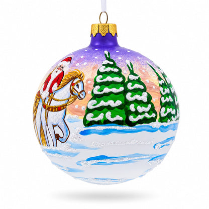 Majestic Santa in Winter Riding 3 White Horses Glass Ball Christmas Ornament 4 Inches