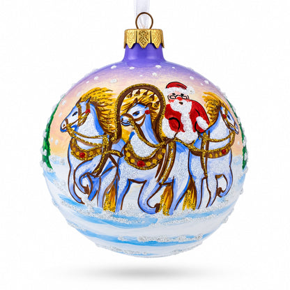 Majestic Santa in Winter Riding 3 White Horses Glass Ball Christmas Ornament 3.25 Inches