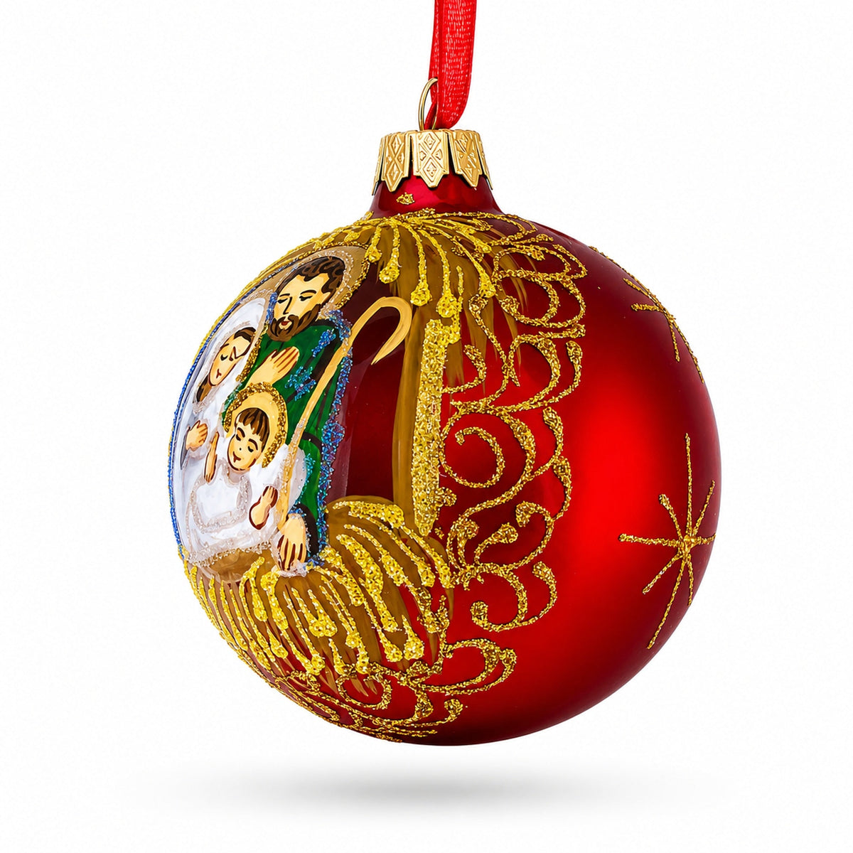 Holy Family Admires Jesus Nativity Scene Glass Ball Christmas Ornament 3.25 Inches