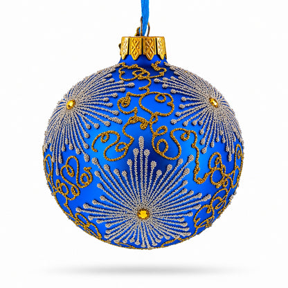 Sparkling Jeweled Snowflakes on Blue Glass Ball Christmas Ornament 3.25 Inches