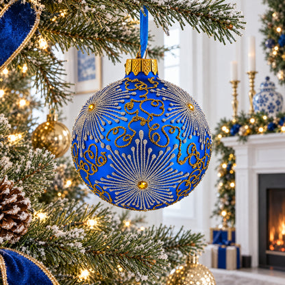 Sparkling Jeweled Snowflakes on Blue Glass Ball Christmas Ornament 3.25 Inches