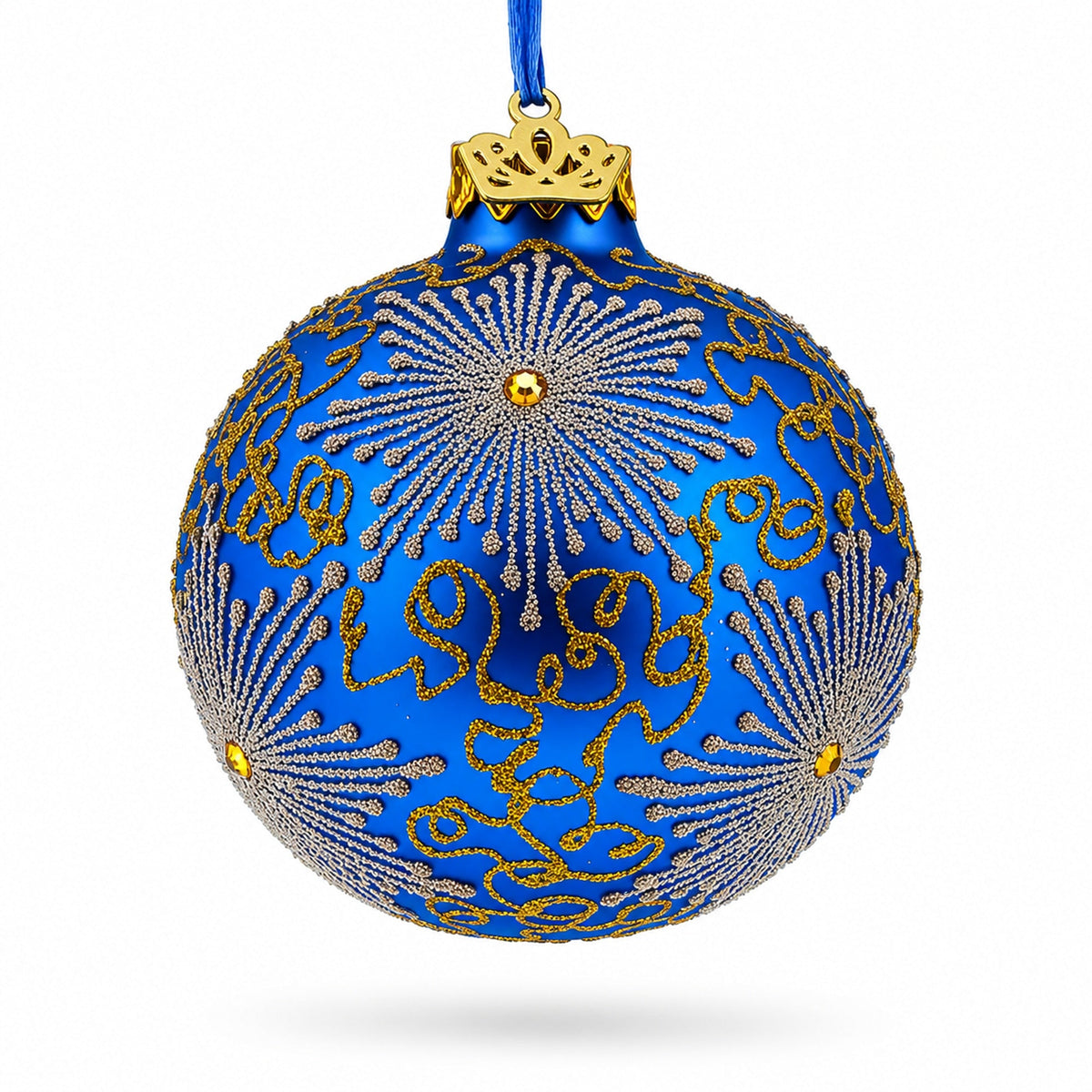 Sparkling Jeweled Snowflakes on Blue Glass Ball Christmas Ornament 3.25 Inches