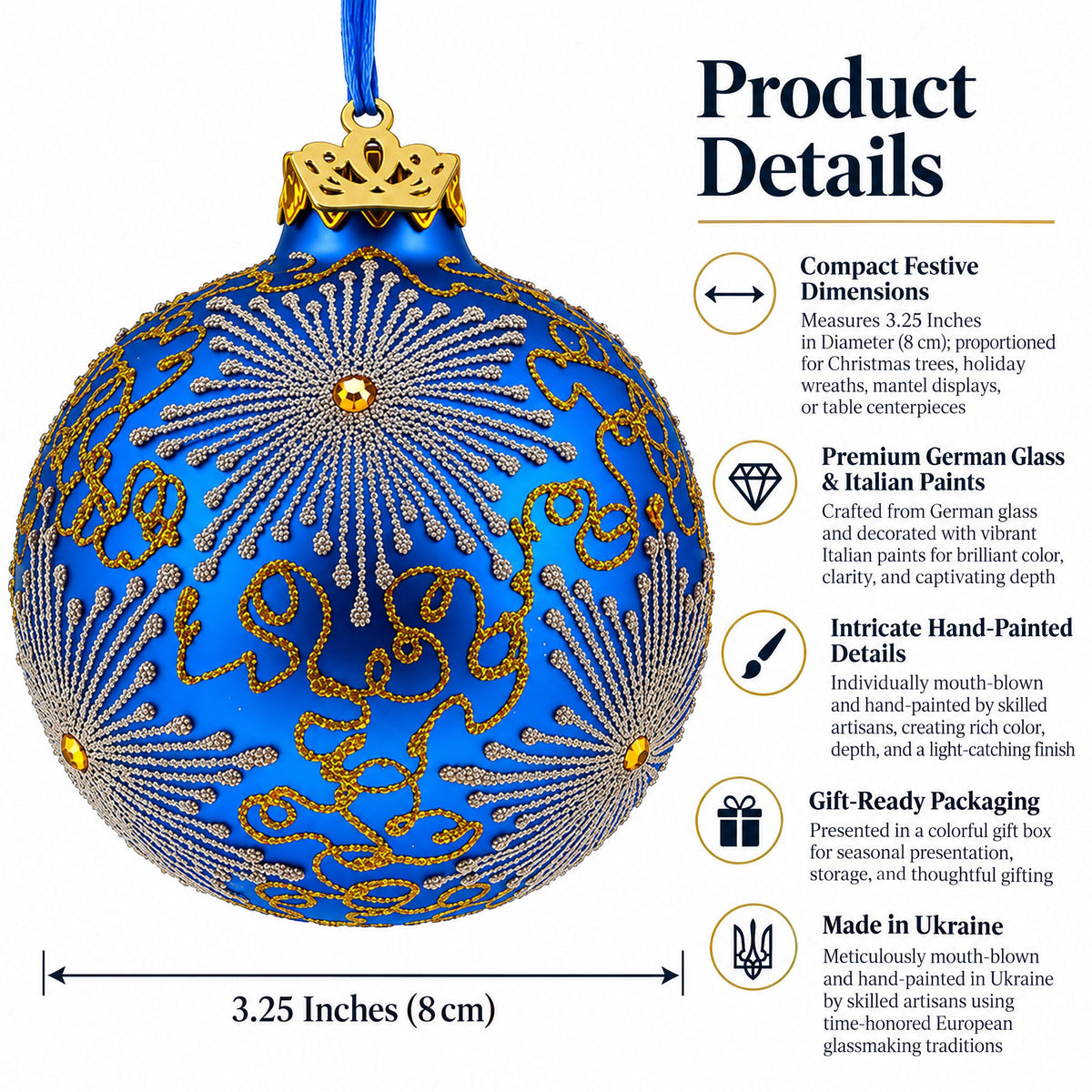 Sparkling Jeweled Snowflakes on Blue Glass Ball Christmas Ornament 3.25 Inches