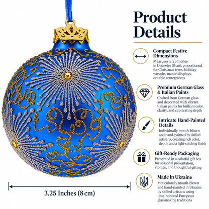 Sparkling Jeweled Snowflakes on Blue Glass Ball Christmas Ornament 3.25 Inches