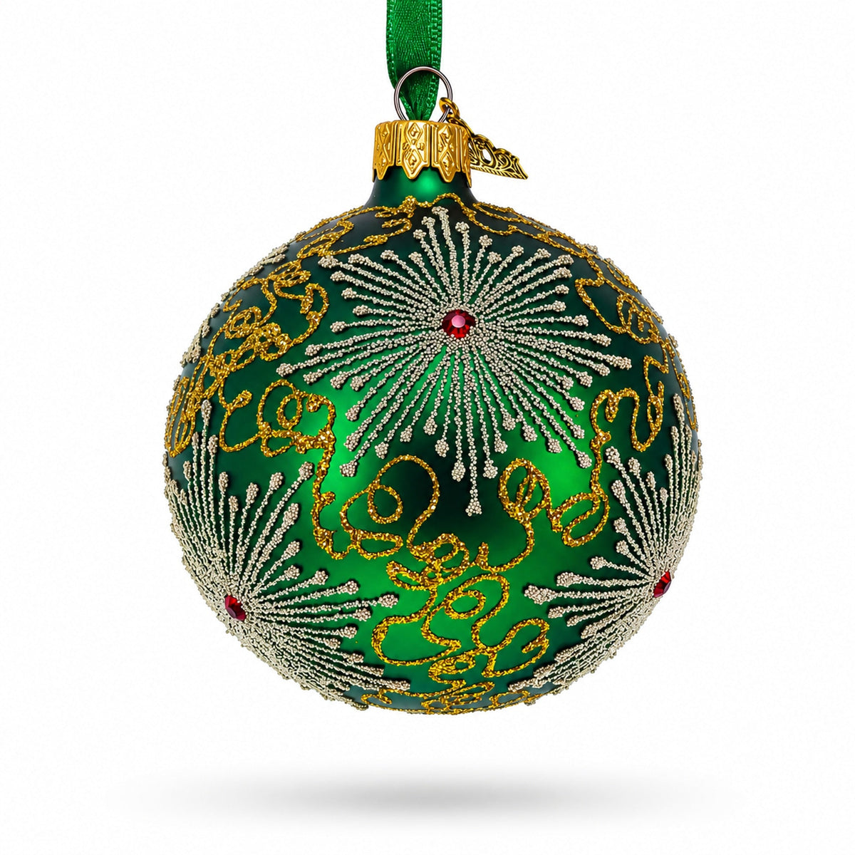 Dazzling Jeweled Snowflakes on Green Glass Ball Christmas Ornament 3.25 Inches