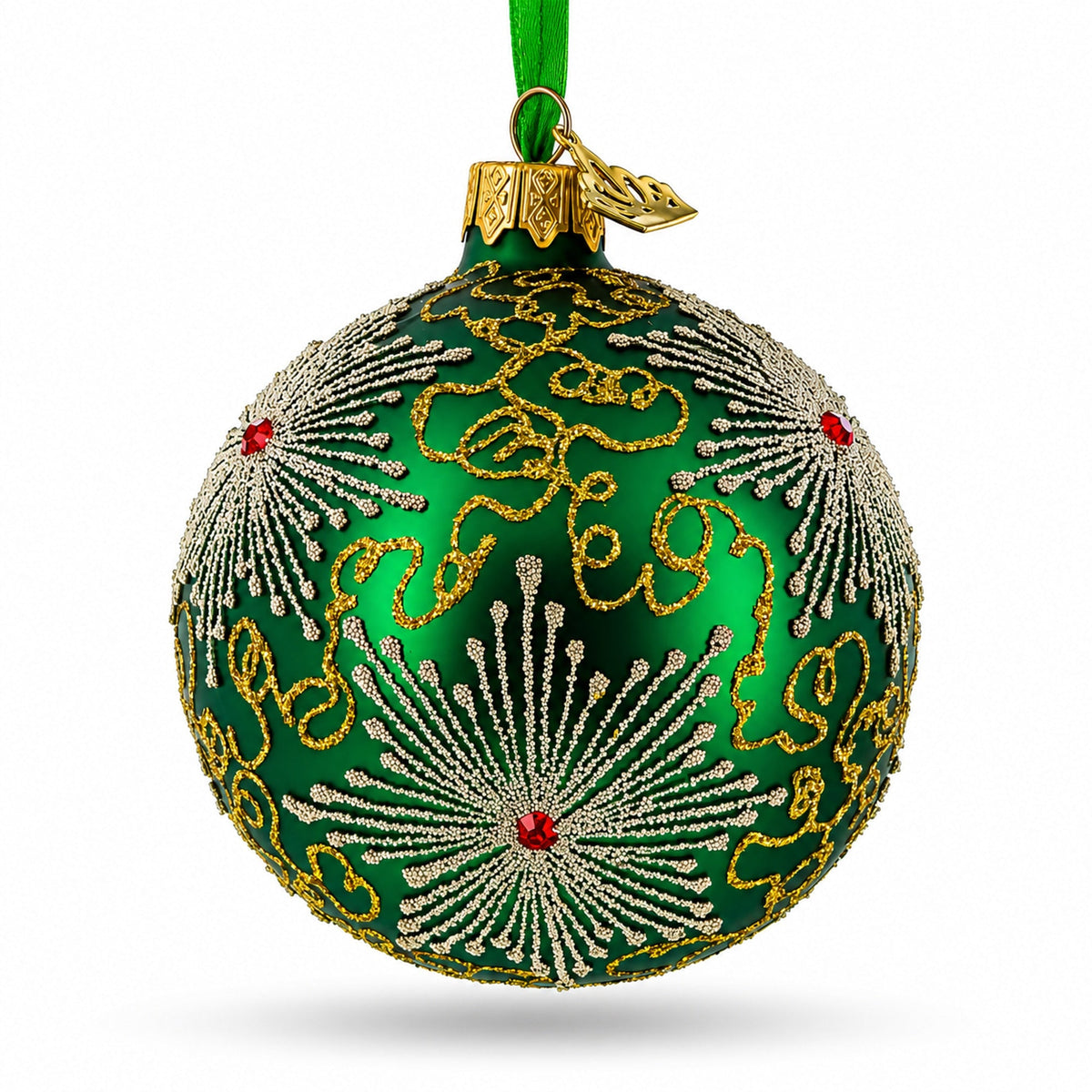 Dazzling Jeweled Snowflakes on Green Glass Ball Christmas Ornament 3.25 Inches