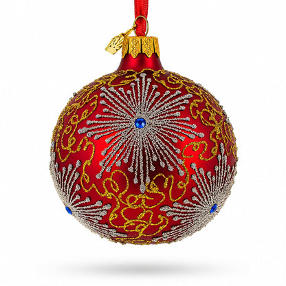 Radiant Jeweled Snowflake on Red Glass Christmas Ornament 3.25 Inches