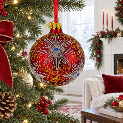 Radiant Jeweled Snowflake on Red Glass Christmas Ornament 3.25 Inches