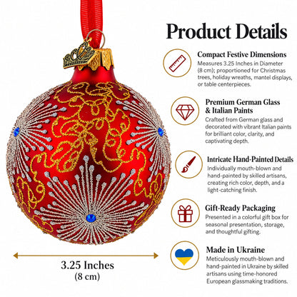 Radiant Jeweled Snowflake on Red Glass Christmas Ornament 3.25 Inches