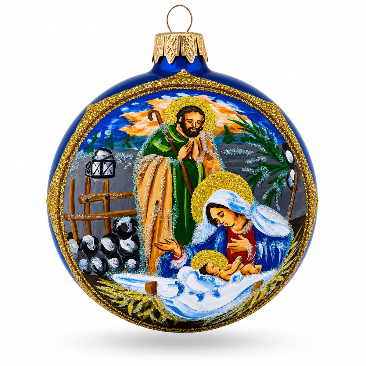 Loving Joseph and Mary Admiring Baby Jesus Glass Ball Christmas Ornament 3.25 Inches