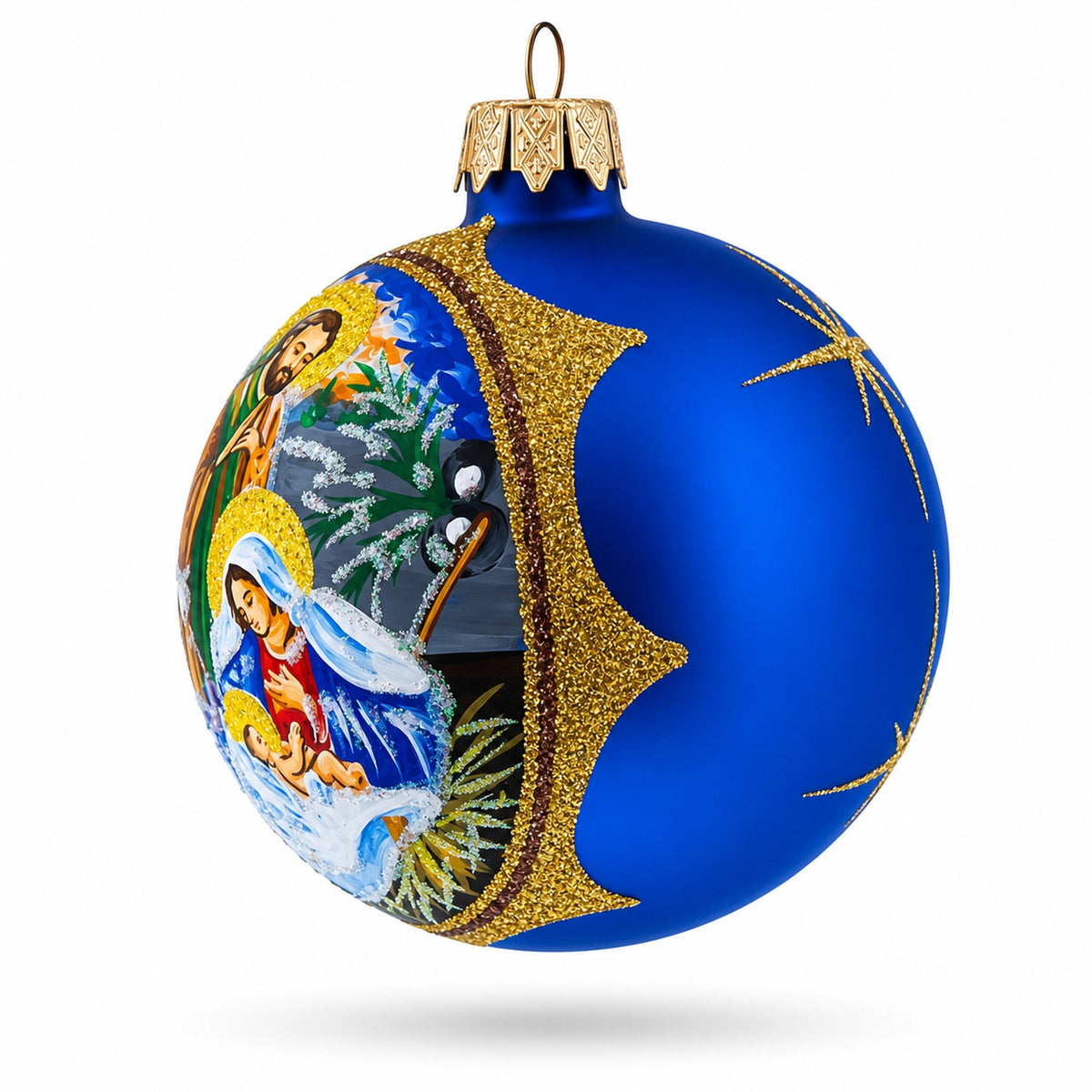 Loving Joseph and Mary Admiring Baby Jesus Glass Ball Christmas Ornament 3.25 Inches