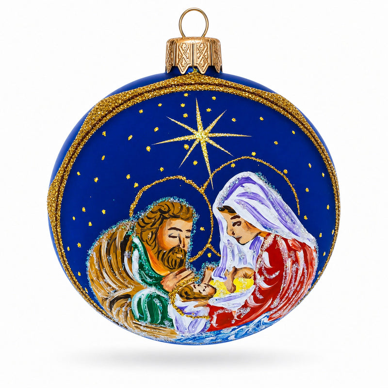 Joseph and Mary Admiring Baby Jesus Glass Ball Christmas Ornament 3.25 Inches