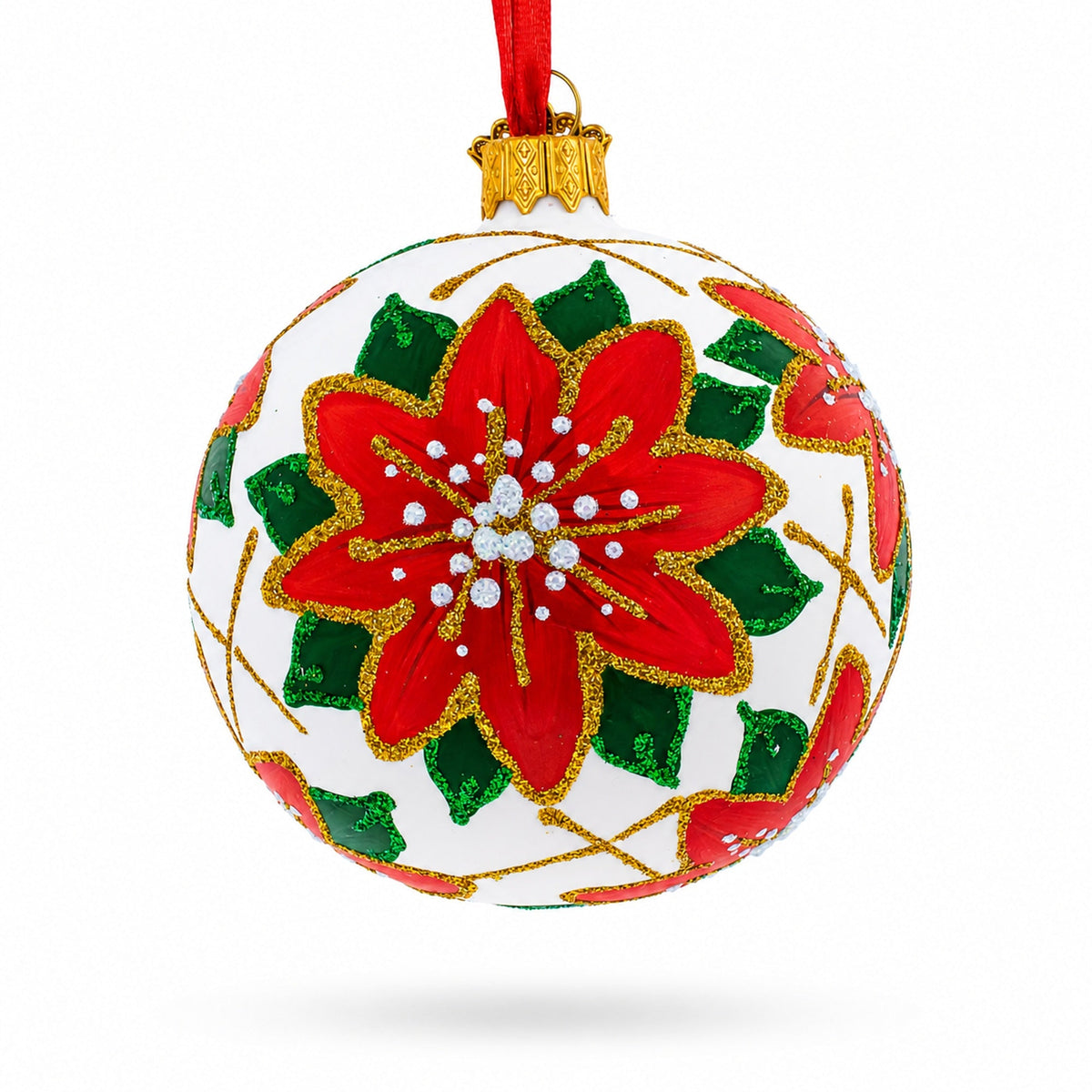 Poinsettia Flowers on White Glass Ball Christmas Ornament 3.25 Inches