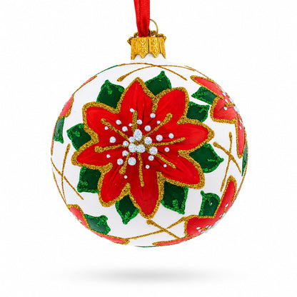 Poinsettia Flowers on White Glass Ball Christmas Ornament 3.25 Inches