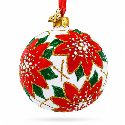 Poinsettia Flowers on White Glass Ball Christmas Ornament 3.25 Inches