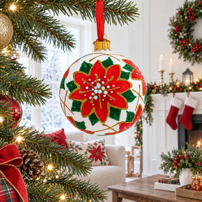 Poinsettia Flowers on White Glass Ball Christmas Ornament 3.25 Inches