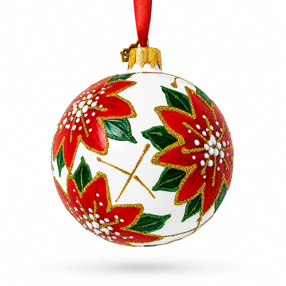 Poinsettia Flowers on White Glass Ball Christmas Ornament 3.25 Inches