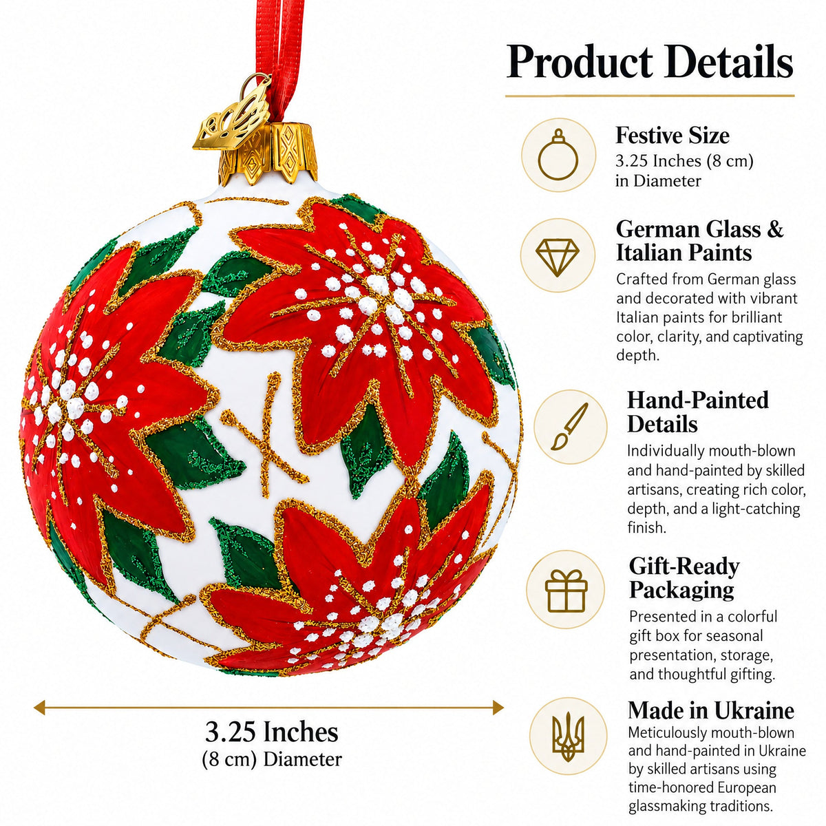 Poinsettia Flowers on White Glass Ball Christmas Ornament 3.25 Inches