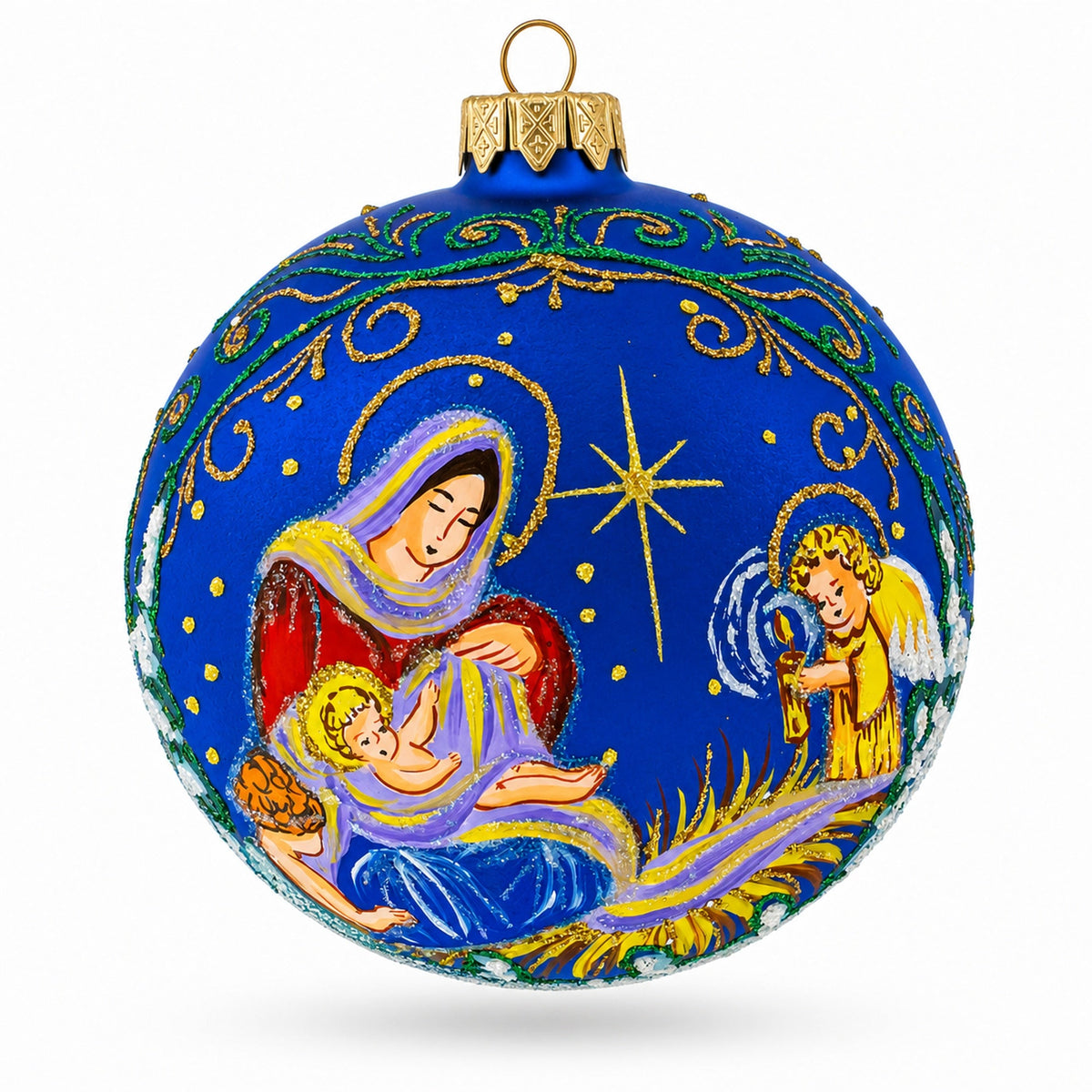 Angels Singing to Baby Jesus Glass Ball Christmas Ornament 4 Inches