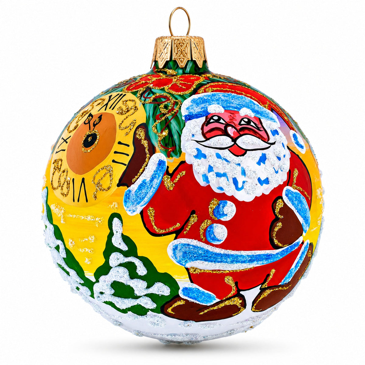 Santa Awaits New Year Holiday Glass Ball Christmas Ornament 3.25 Inches