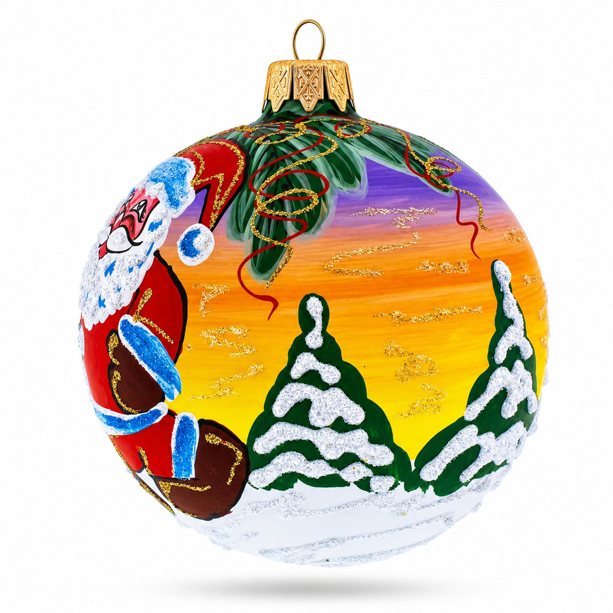 Santa Awaits New Year Holiday Glass Ball Christmas Ornament 3.25 Inches