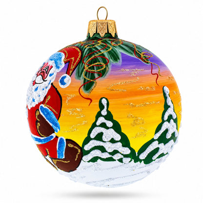 Santa Awaits New Year Holiday Glass Ball Christmas Ornament 3.25 Inches