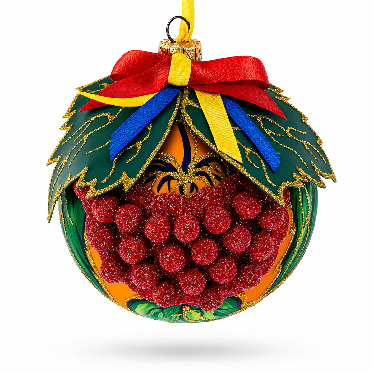 Embossed Ukrainian Kalyna Berries Glass Ball Christmas Ornament 4 Inches