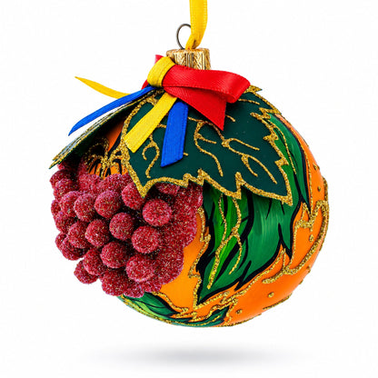Embossed Ukrainian Kalyna Berries Glass Ball Christmas Ornament 4 Inches