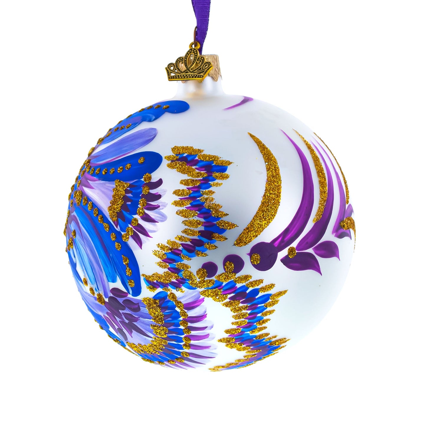 Floral Blue and Gold Glass Ball Christmas Ornament