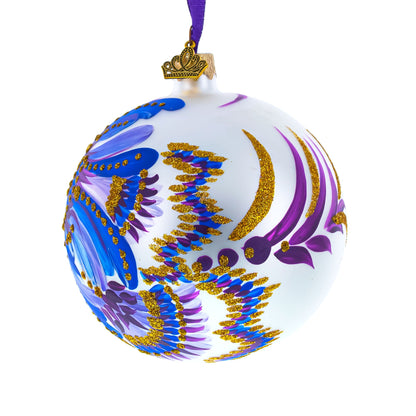 Floral Blue and Gold Glass Ball Christmas Ornament