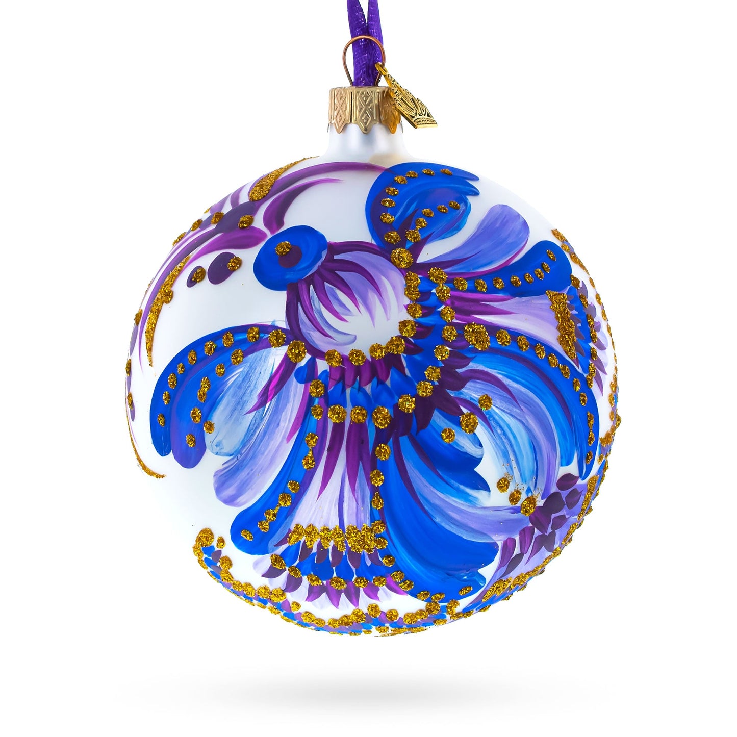 Floral Blue and Gold Glass Ball Christmas Ornament