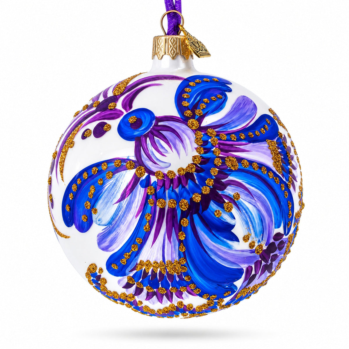 Floral Blue and Gold Glass Ball Christmas Ornament