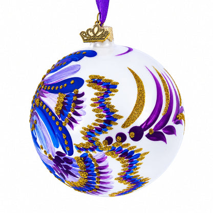Floral Blue and Gold Glass Ball Christmas Ornament