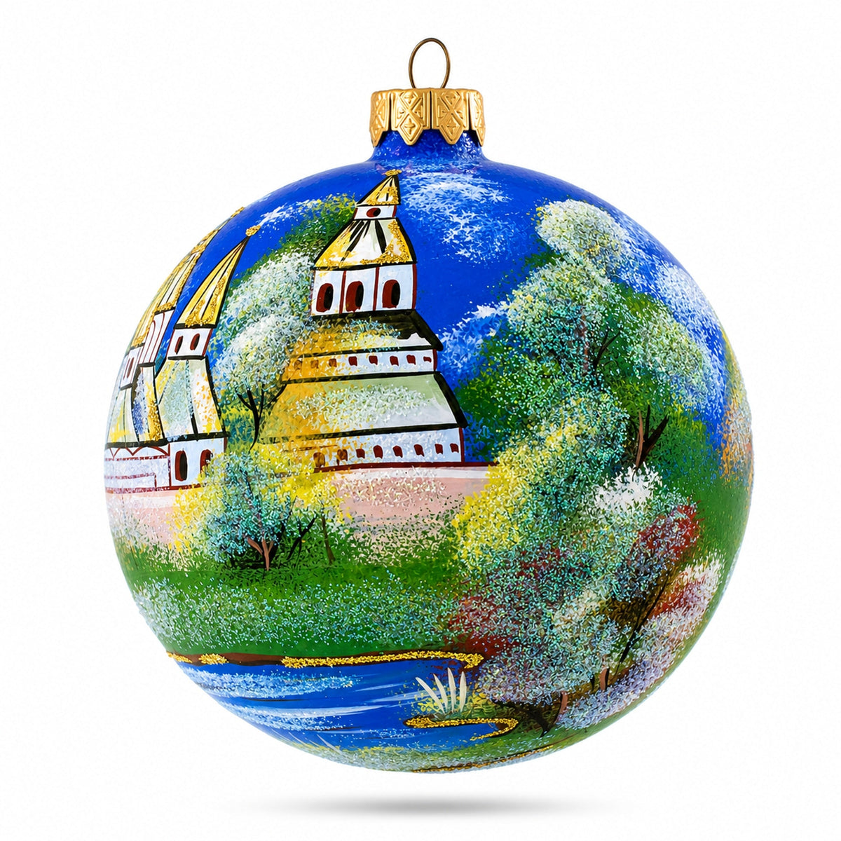 Winter Church Scene Glass Ball Christmas Ornament 4 Inches