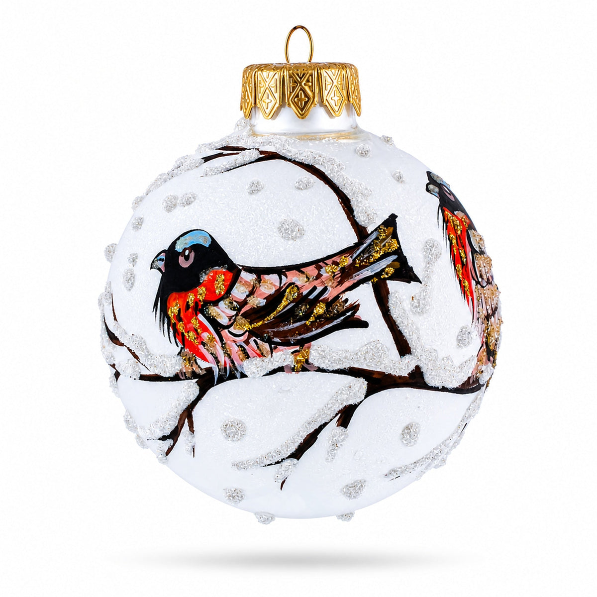 Red Finch on Snow Branch Glass Ball Christmas Ornament 3.25 Inches