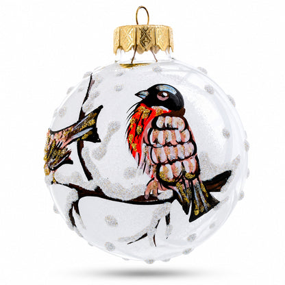 Red Finch on Snow Branch Glass Ball Christmas Ornament 3.25 Inches