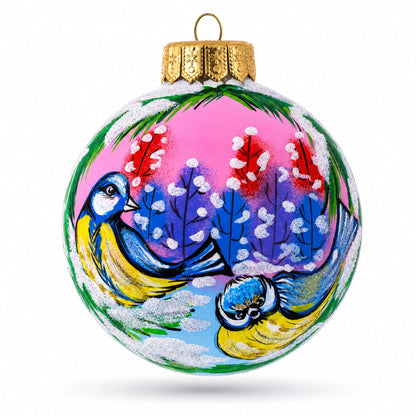 Songbirds in Winter Scene Glass Ball Christmas Ornament 4 Inches