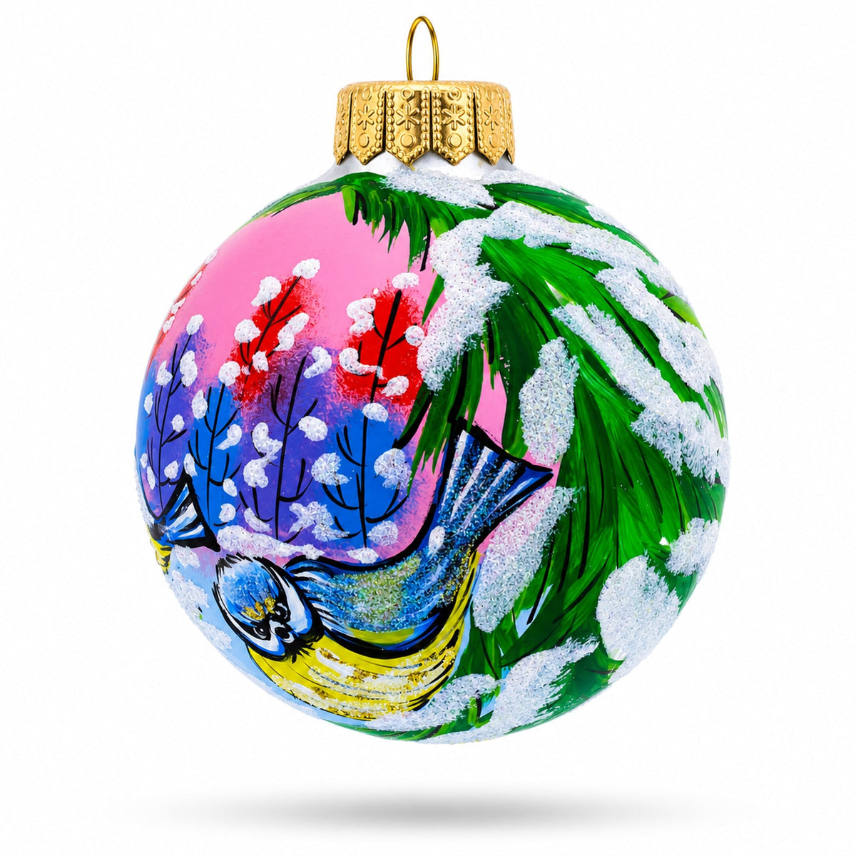 Songbirds in Winter Scene Glass Ball Christmas Ornament 4 Inches