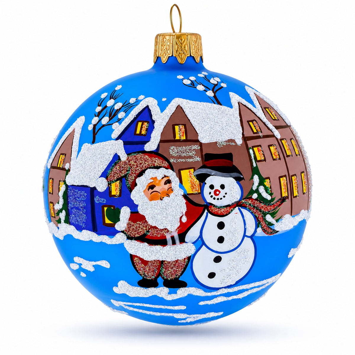 Santa & Snowman Winter Village Scene Glass Ball Christmas Ornament 3.25 Inches