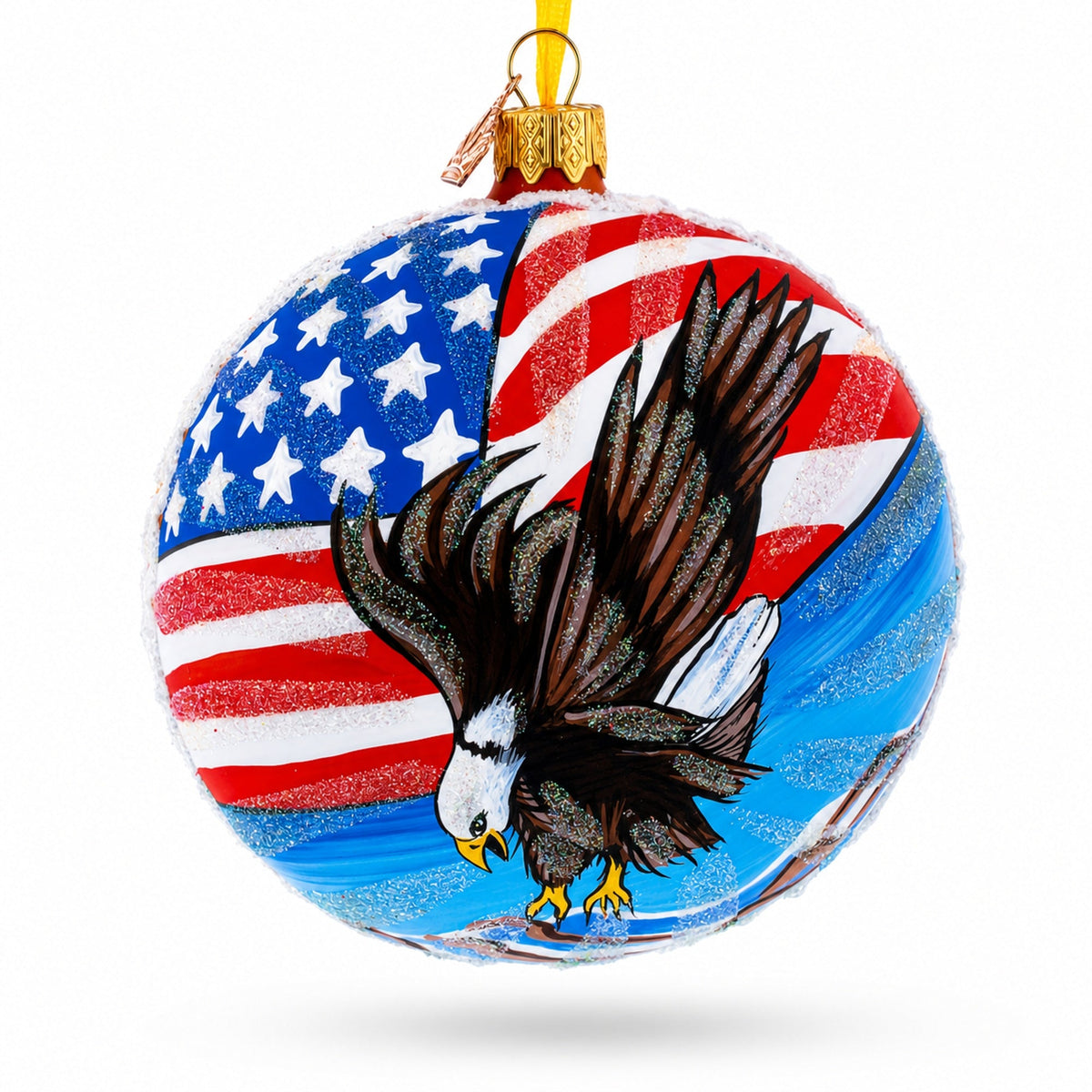 USA Flag and Bald Eagle Glass Ball Christmas Ornament 4 Inches