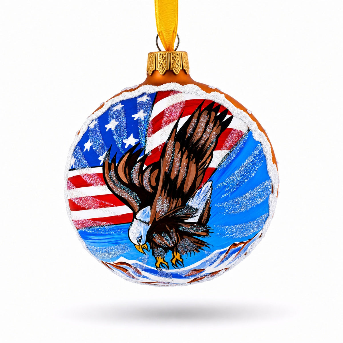 USA Flag and Bald Eagle Glass Ball Christmas Ornament 3.25 Inches