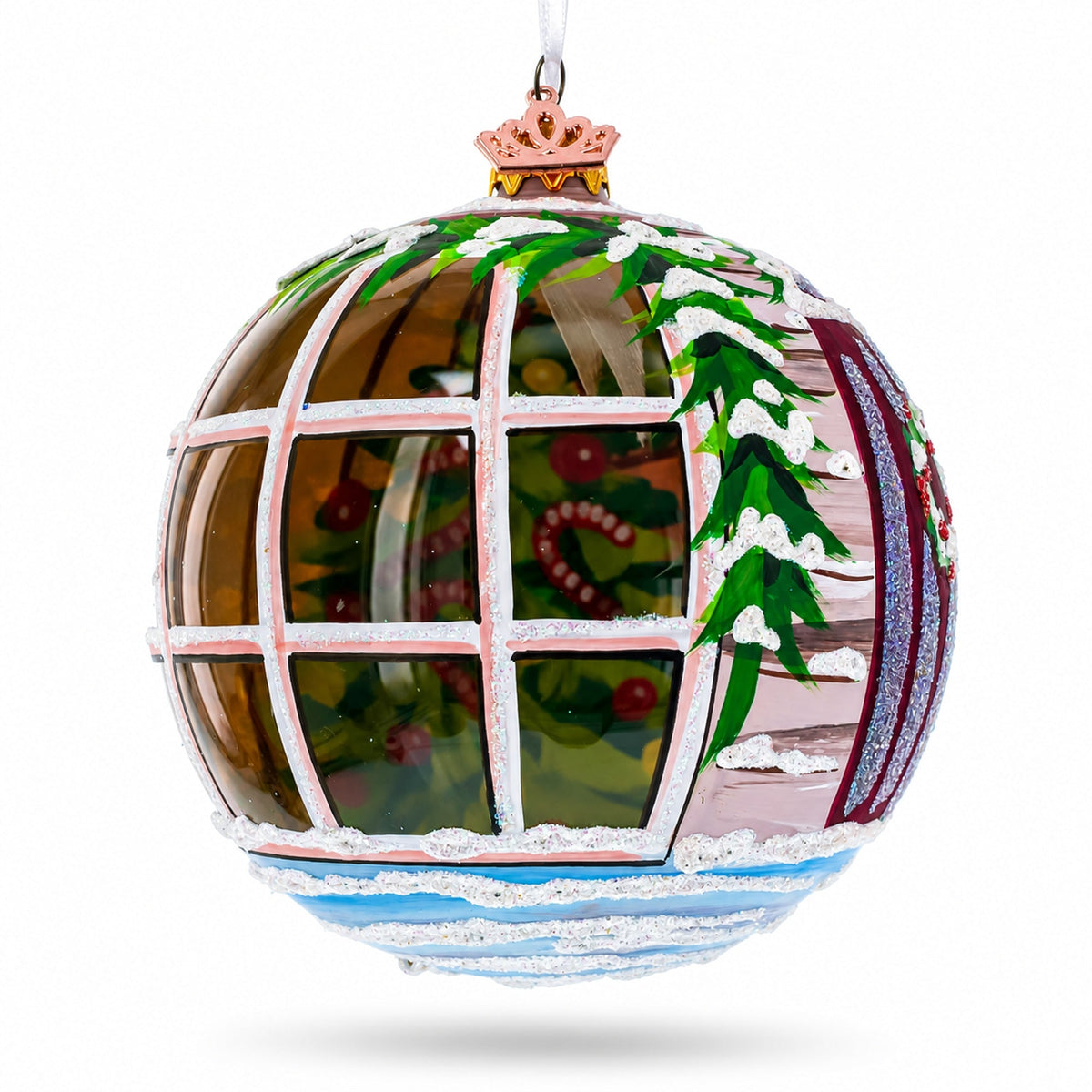 Intriguing Santa Peeking Through House Window Glass Ball Christmas Ornament 4 Inches
