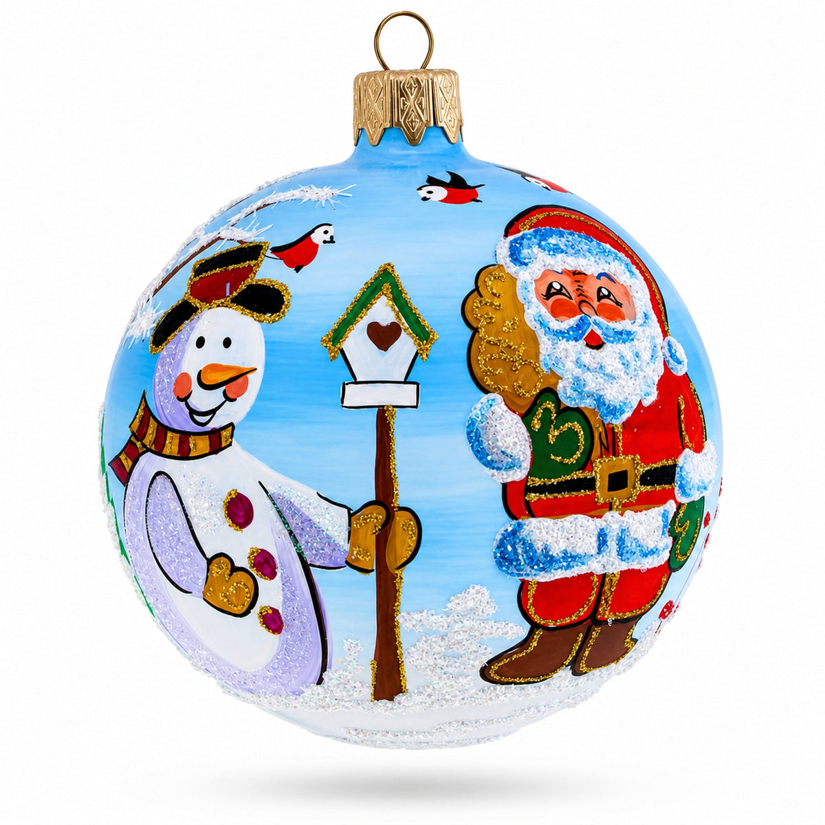 Enchanting Snowman with Bird House and Santa Glass Ball Christmas Ornament 3.25 Inches