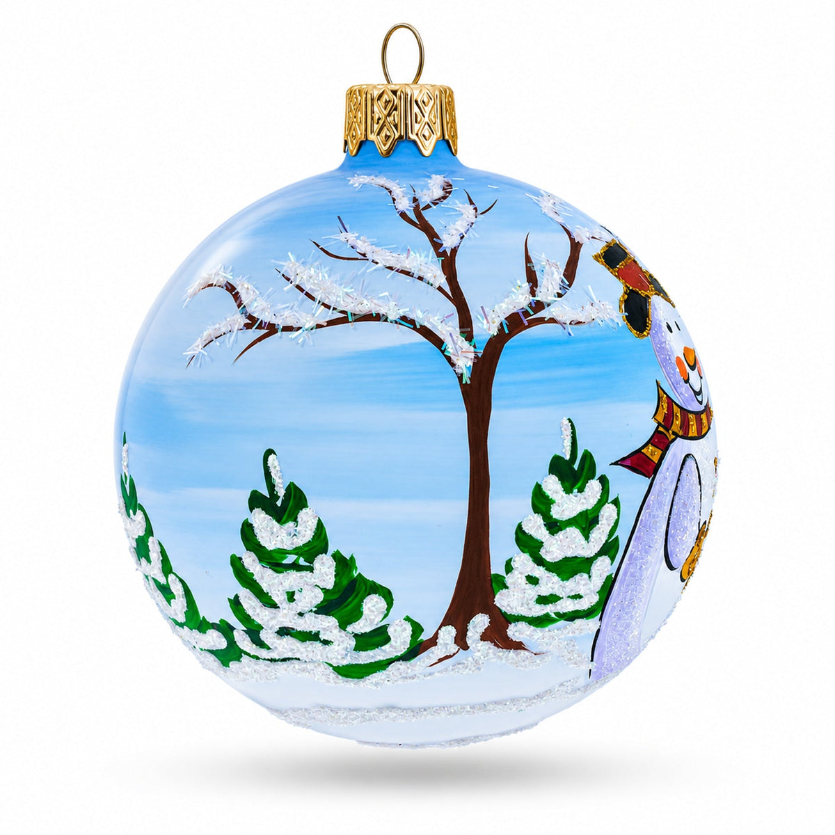 Enchanting Snowman with Bird House and Santa Glass Ball Christmas Ornament 3.25 Inches