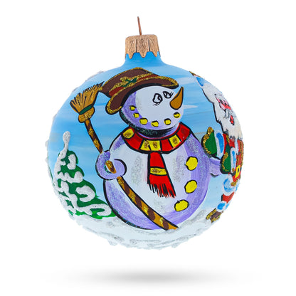 Joyful Laughing Santa with Snowman Glass Ball Christmas Ornament 3.25 Inches