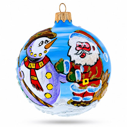Joyful Laughing Santa with Snowman Glass Ball Christmas Ornament 3.25 Inches