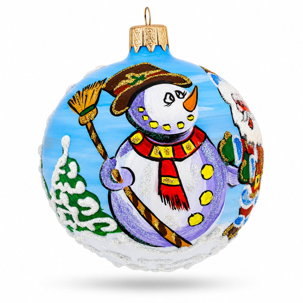 Joyful Laughing Santa with Snowman Glass Ball Christmas Ornament 3.25 Inches